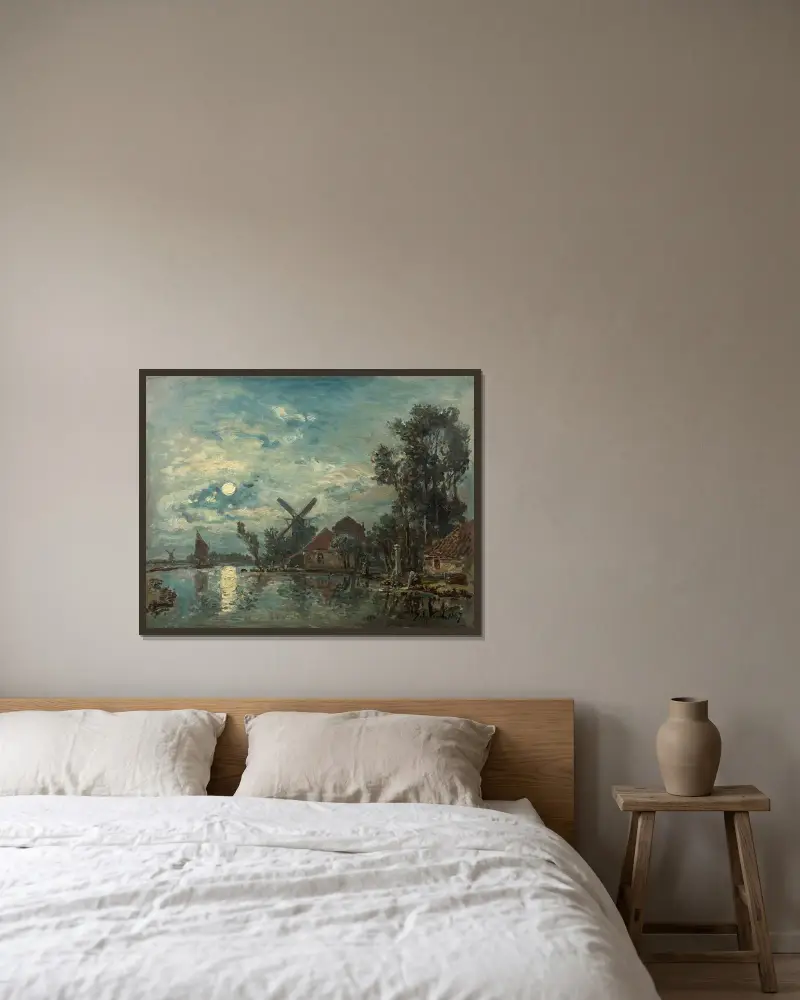 Månsken över flodmynningen, Holland av Johan Barthold Jongkind inramad på en vägg