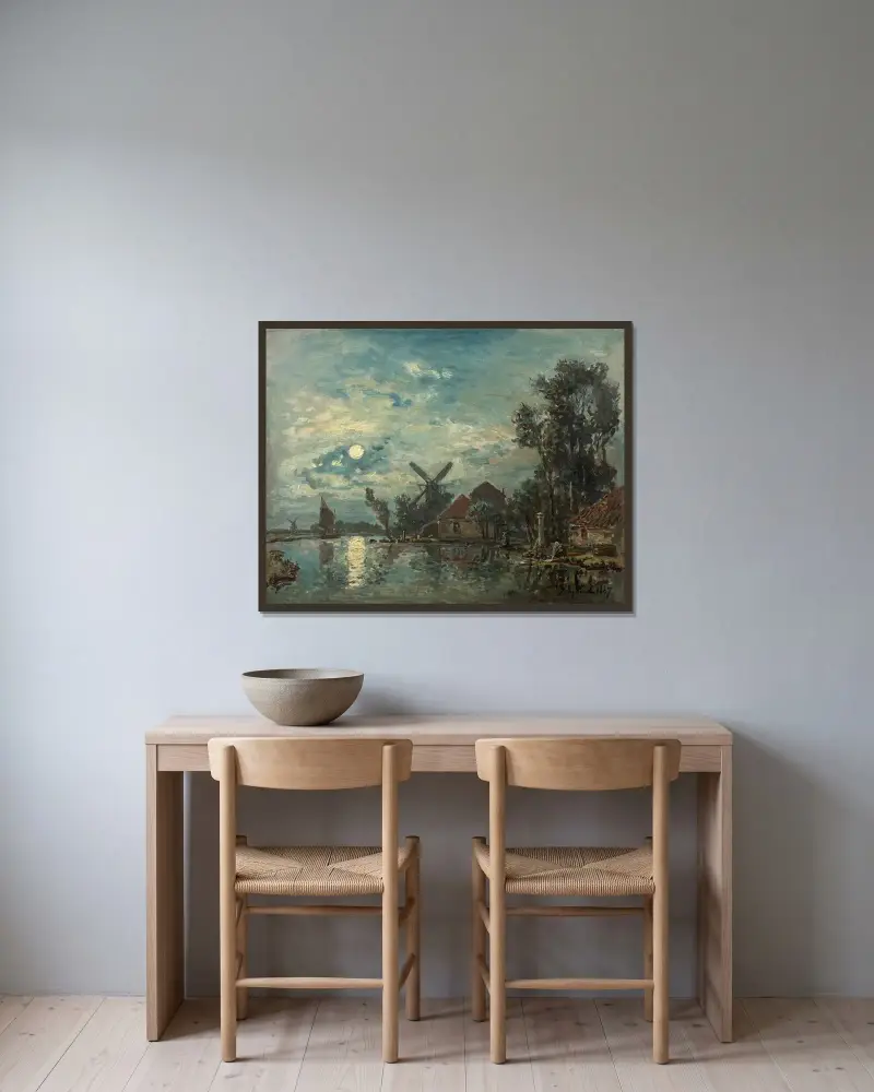 Månsken över flodmynningen, Holland av Johan Barthold Jongkind inramad på en vägg