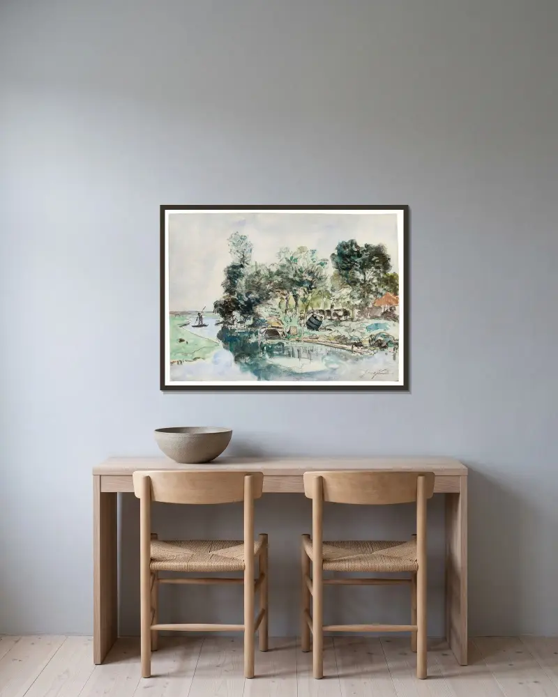Rodd på floden av Johan Barthold Jongkind inramad på en vägg