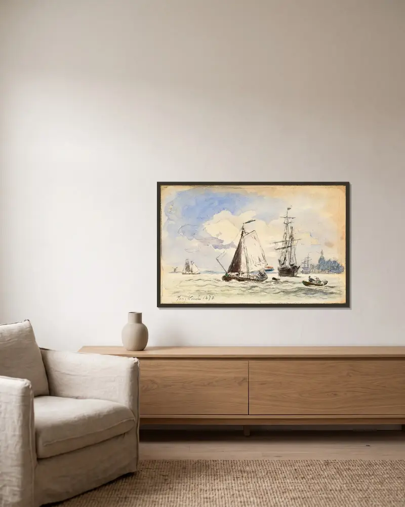 Segelbåtar i Dordrecht av Johan Barthold Jongkind inramad på en vägg