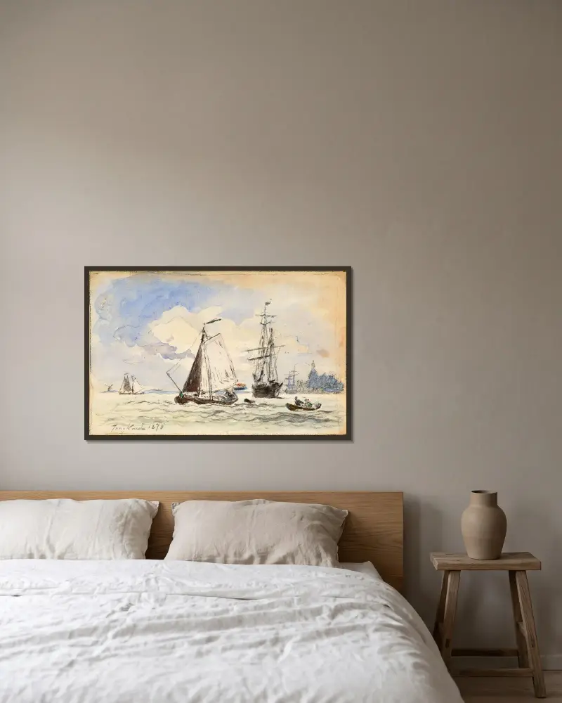 Segelbåtar i Dordrecht av Johan Barthold Jongkind inramad på en vägg
