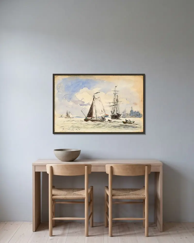 Segelbåtar i Dordrecht av Johan Barthold Jongkind inramad på en vägg