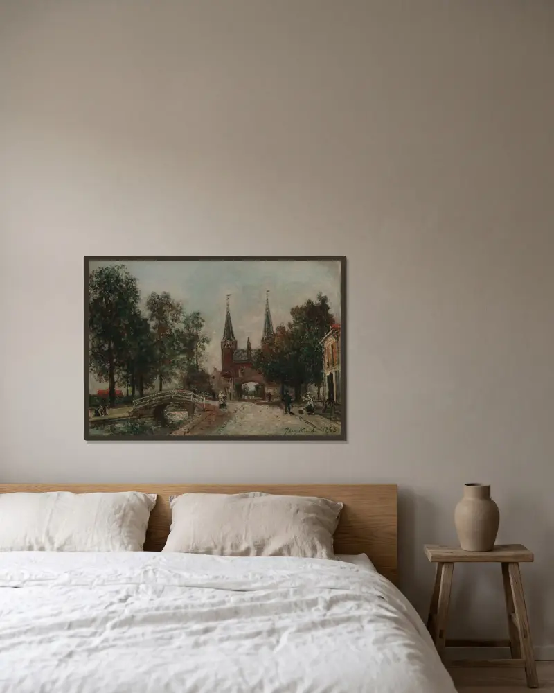 Scen vid Delft av Johan Barthold Jongkind inramad på en vägg