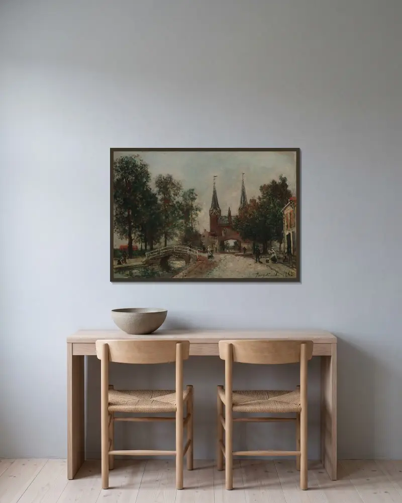Scen vid Delft av Johan Barthold Jongkind inramad på en vägg