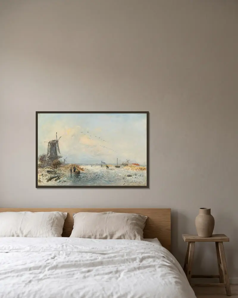 Vinterlandskap i Holland av Johan Barthold Jongkind inramad på en vägg