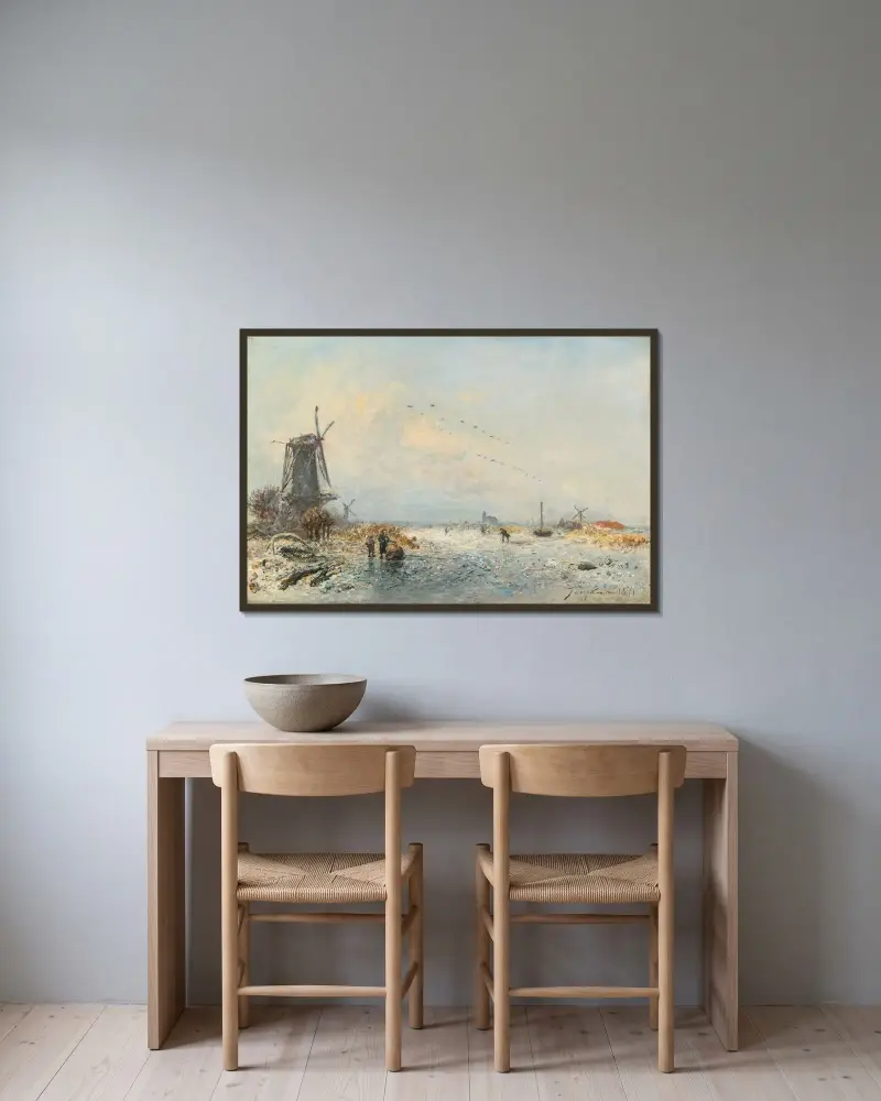 Vinterlandskap i Holland av Johan Barthold Jongkind inramad på en vägg