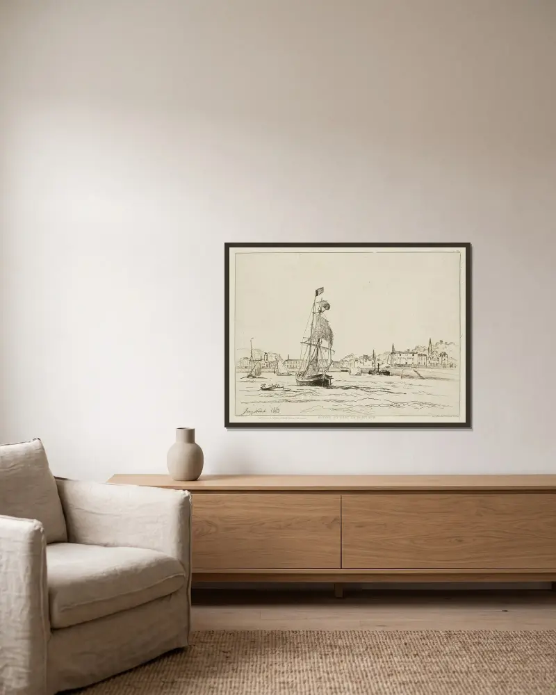 Inseglingen till Honfleurs hamn av Johan Barthold Jongkind inramad på en vägg