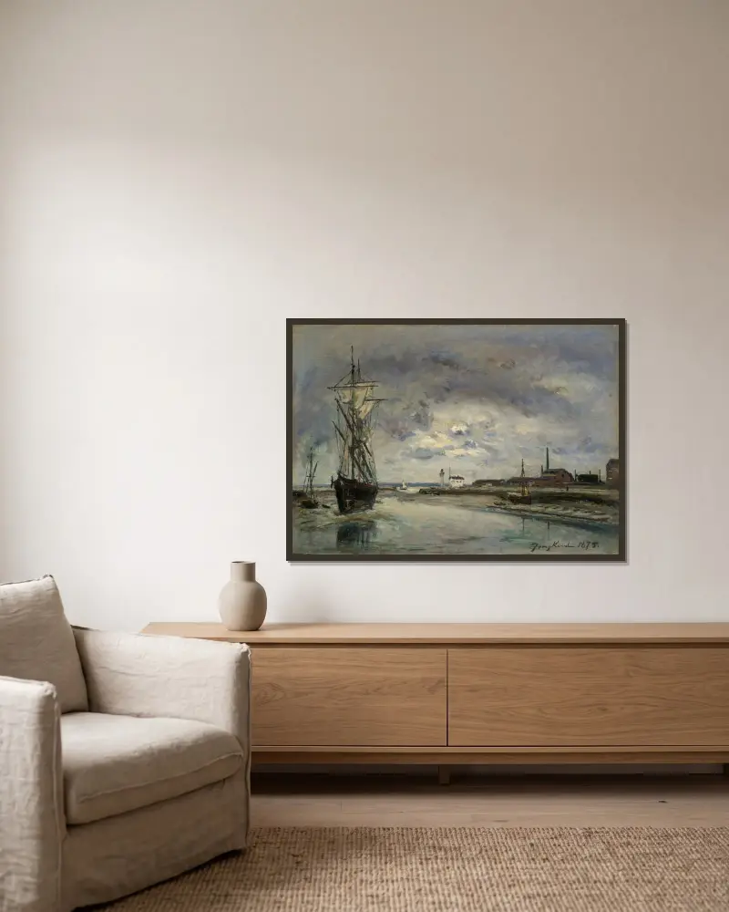 Hamnen i Honfleur av Johan Barthold Jongkind inramad på en vägg