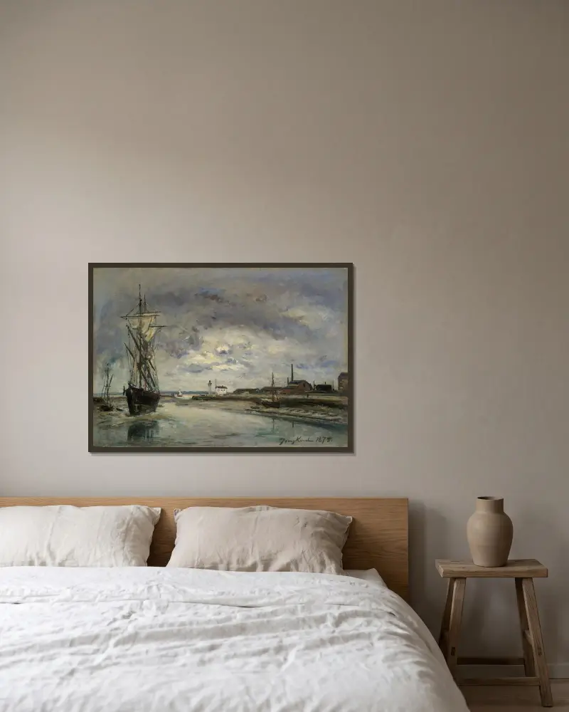 Hamnen i Honfleur av Johan Barthold Jongkind inramad på en vägg