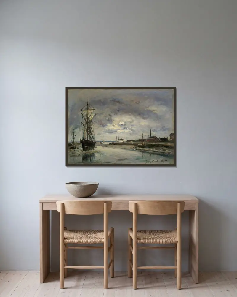 Hamnen i Honfleur av Johan Barthold Jongkind inramad på en vägg