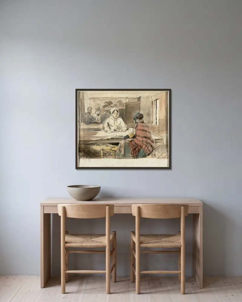 Två kvinnor på ett kafé av Johan Barthold Jongkind inramad på en vägg