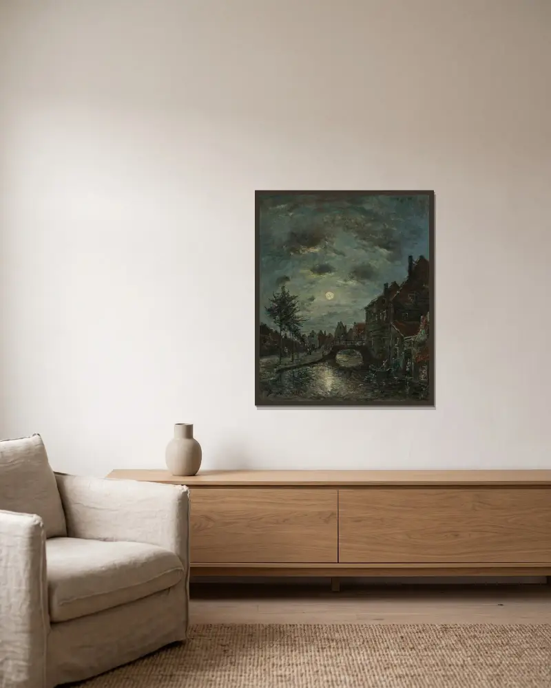 En inre kanal i Dordrecht, månsken av Johan Barthold Jongkind inramad på en vägg