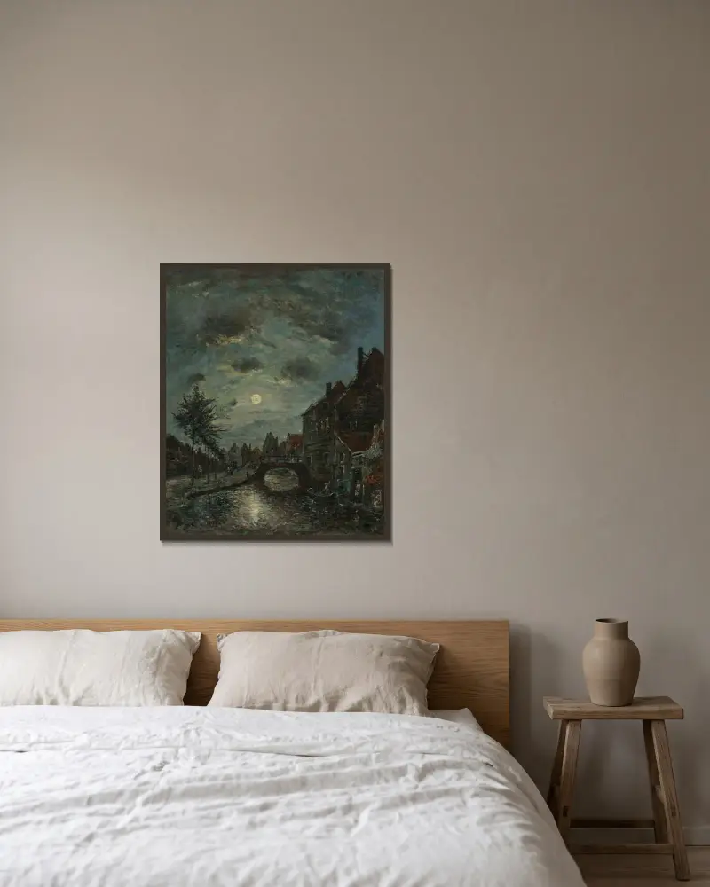En inre kanal i Dordrecht, månsken av Johan Barthold Jongkind inramad på en vägg