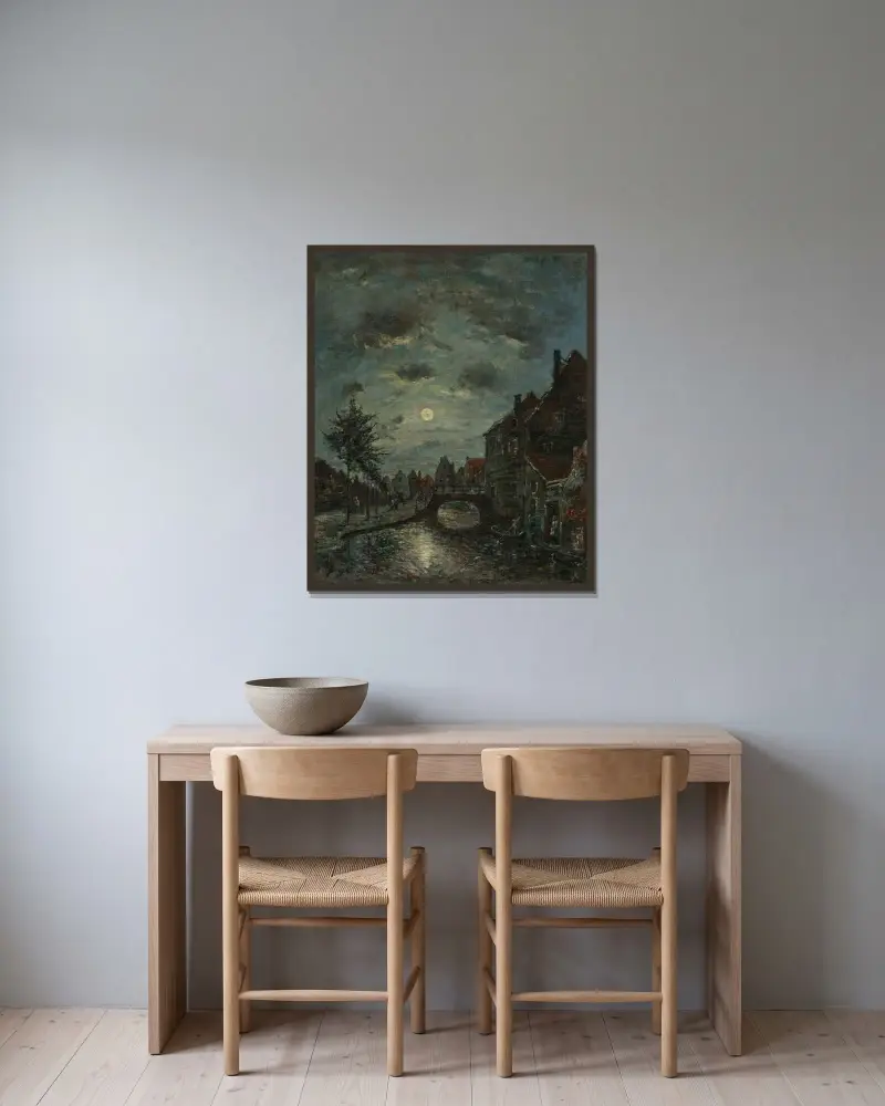 En inre kanal i Dordrecht, månsken av Johan Barthold Jongkind inramad på en vägg