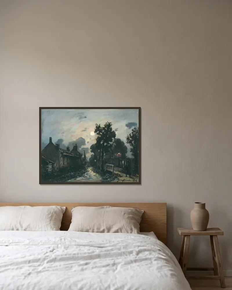 Une rue à Delft, le soir av Johan Barthold Jongkind inramad på en vägg