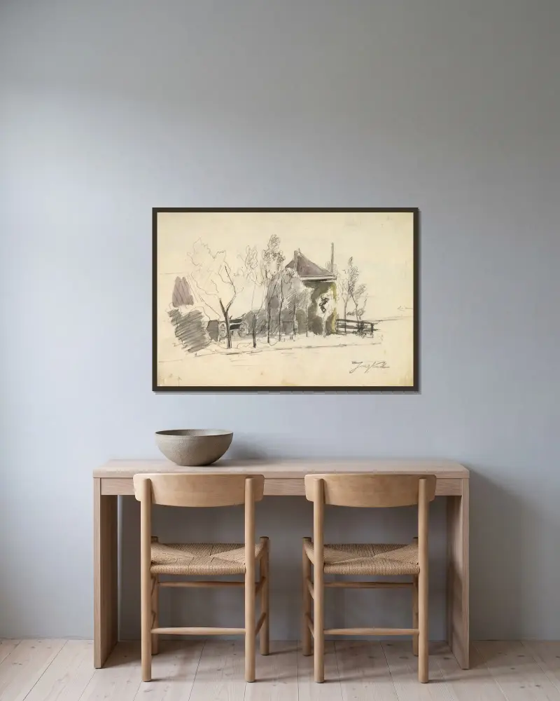 Vy över en gård av Johan Barthold Jongkind inramad på en vägg