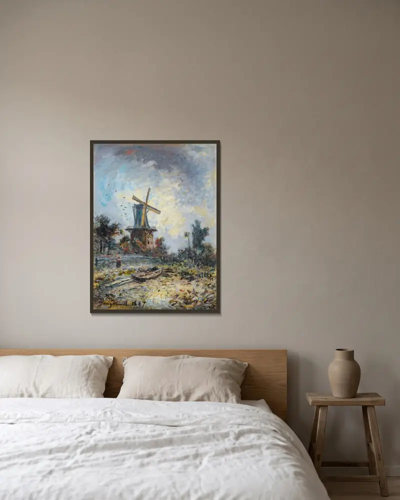 Väderkvarn i Dordrecht av Johan Barthold Jongkind inramad på en vägg
