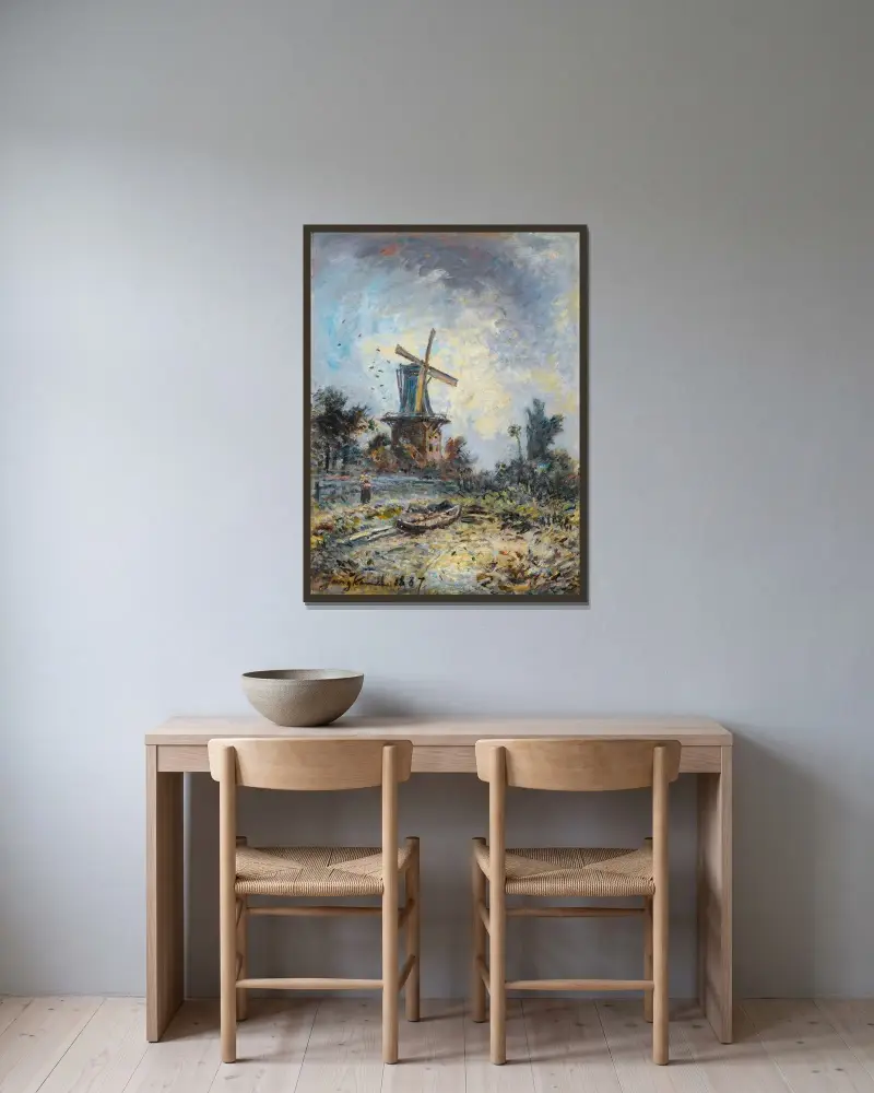 Väderkvarn i Dordrecht av Johan Barthold Jongkind inramad på en vägg