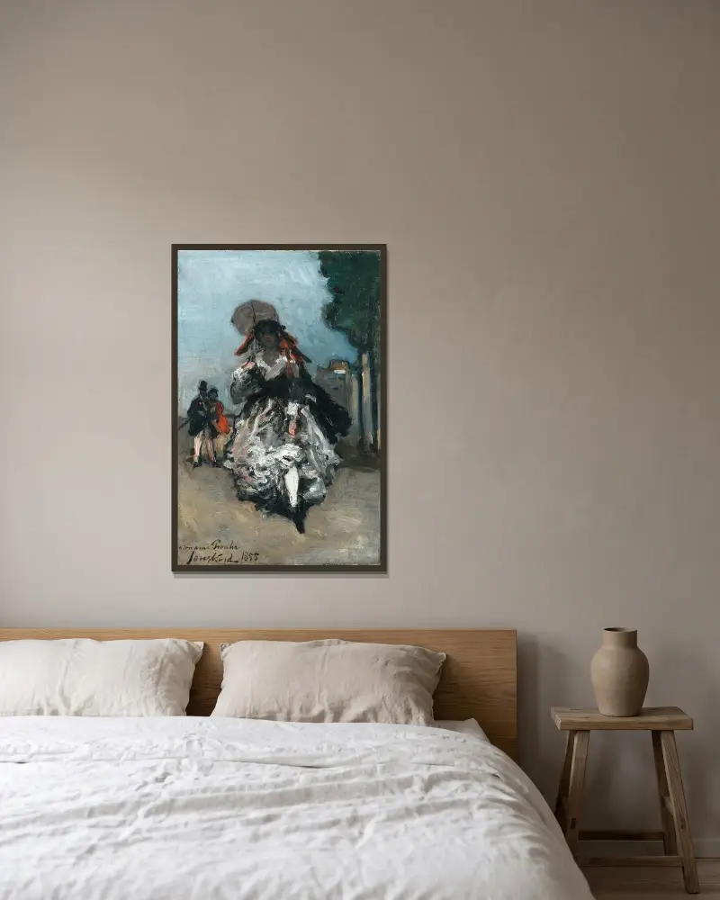 Ung kvinna med parasoll av Johan Barthold Jongkind inramad på en vägg