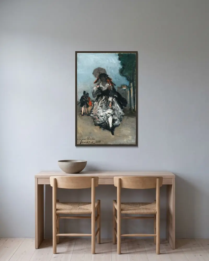 Ung kvinna med parasoll av Johan Barthold Jongkind inramad på en vägg