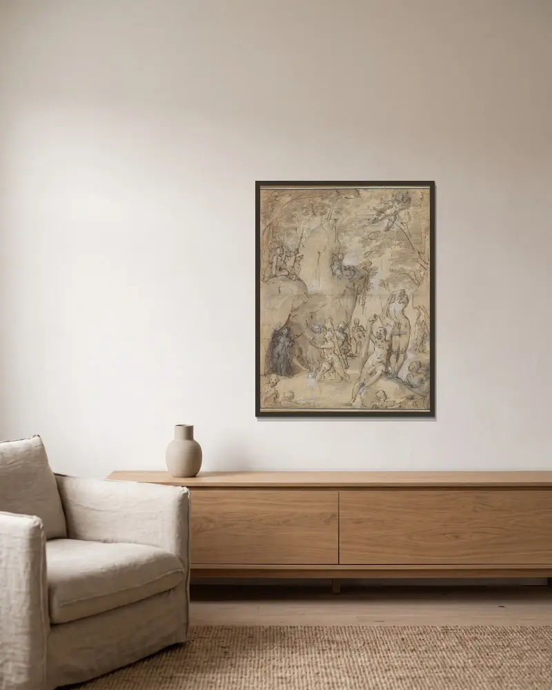 Diana und Aktäon von Bartholomaeus Spranger gerahmt an einer Wand