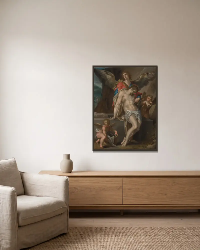 Engelen dragen het lichaam van Christus (Engelenpietà) av Bartholomaeus Spranger inramad på en vägg