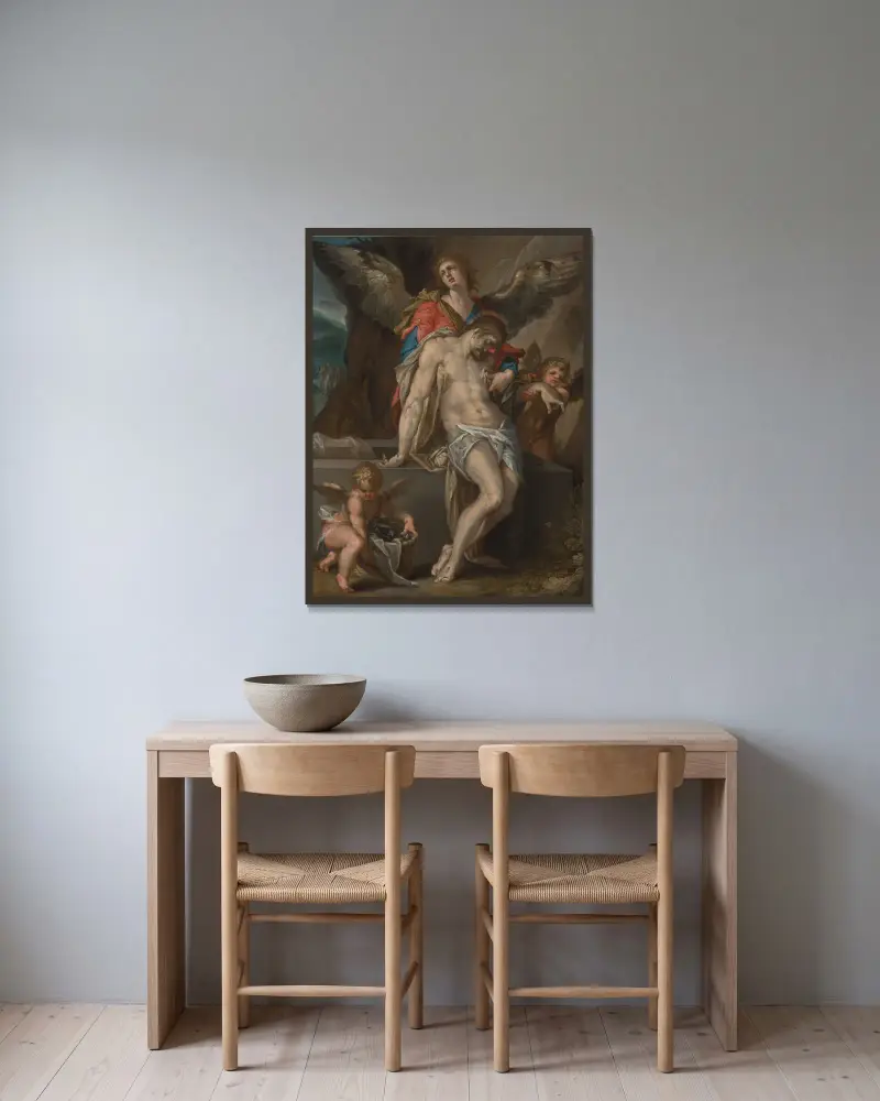 Engelen dragen het lichaam van Christus (Engelenpietà) av Bartholomaeus Spranger inramad på en vägg
