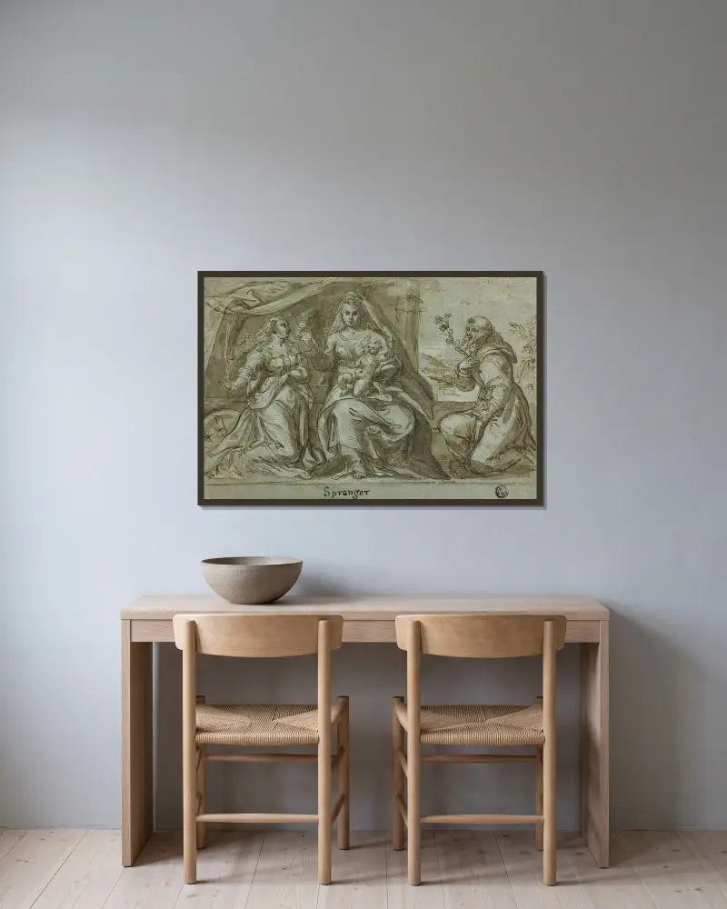 Madonna and Child with Saints Catherine and Dominic av Bartholomaeus Spranger inramad på en vägg
