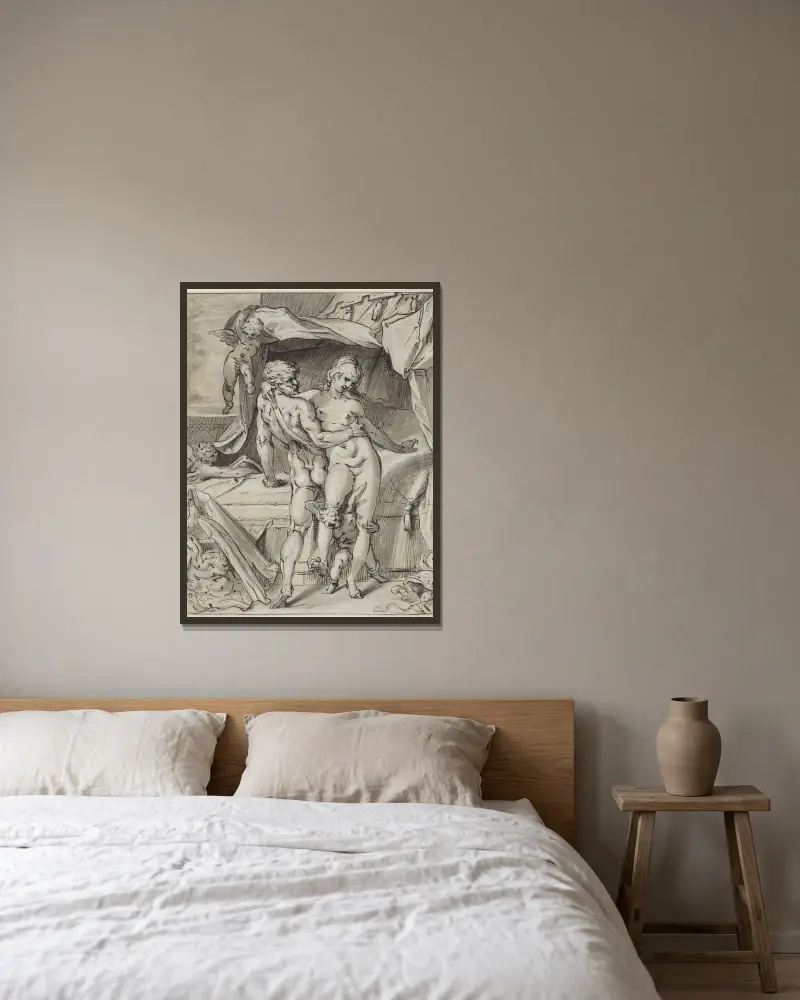 Mars und Venus von Bartholomaeus Spranger gerahmt an einer Wand
