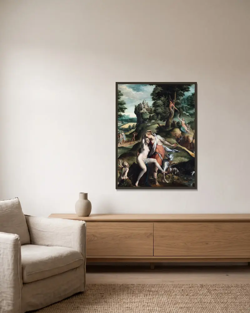 Venus und Adonis von Bartholomaeus Spranger gerahmt an einer Wand