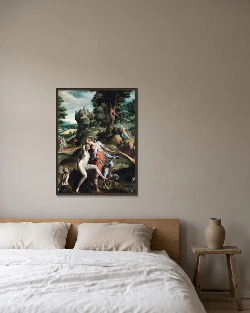 Venus und Adonis von Bartholomaeus Spranger gerahmt an einer Wand