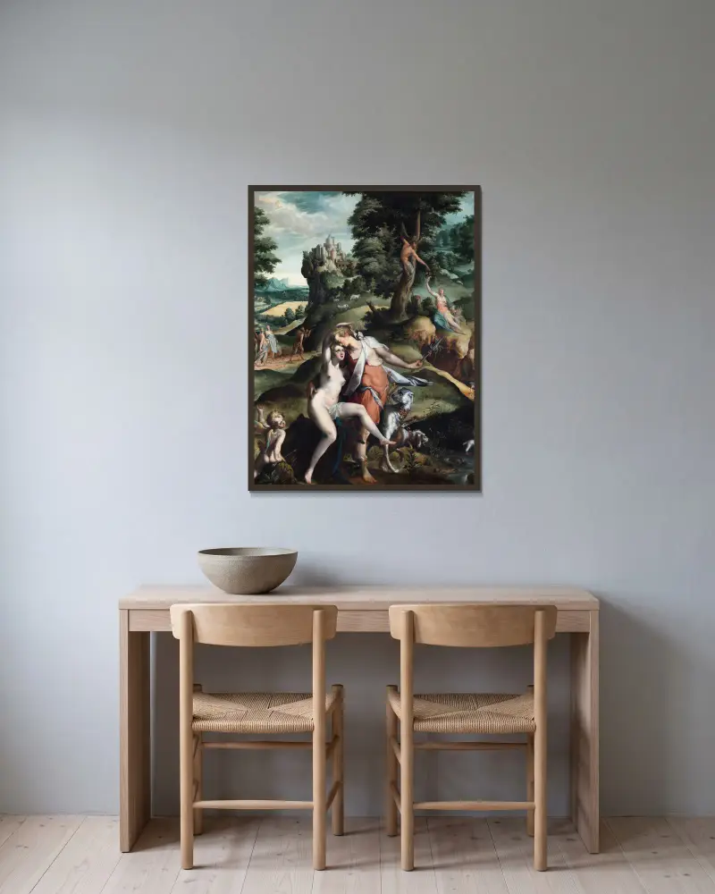 Venus und Adonis von Bartholomaeus Spranger gerahmt an einer Wand