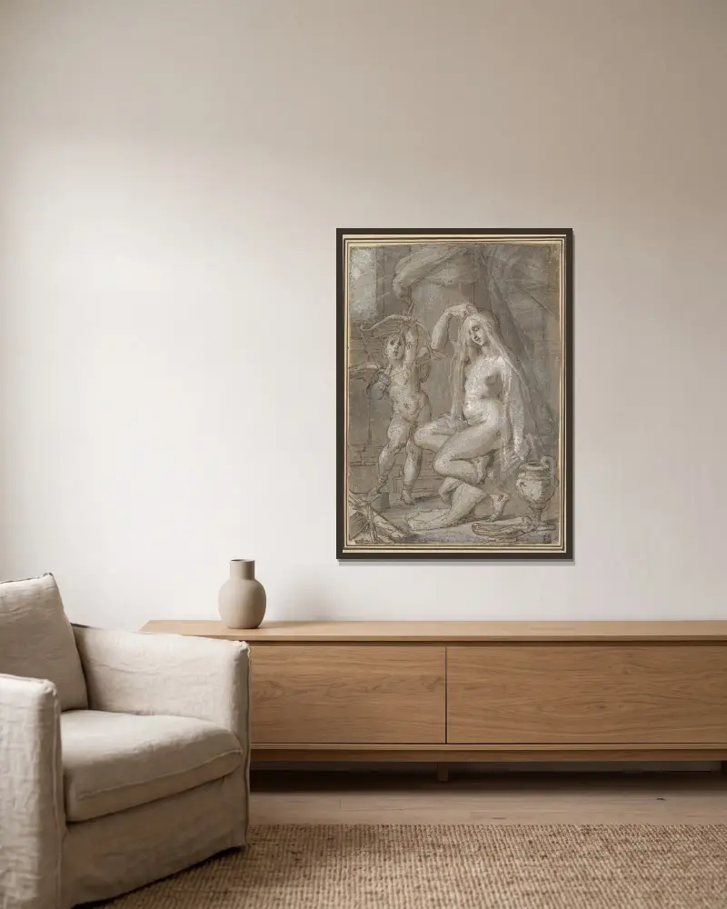 Venus und Amor von Bartholomaeus Spranger gerahmt an einer Wand