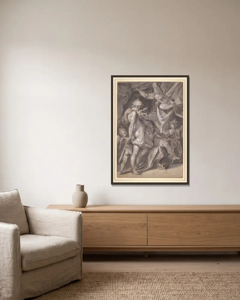 Venus und Merkur von Bartholomaeus Spranger gerahmt an einer Wand
