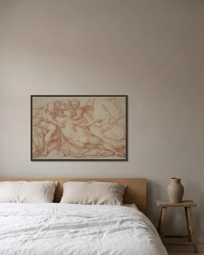 Venus, Cupido und Adonis von Bartholomaeus Spranger gerahmt an einer Wand