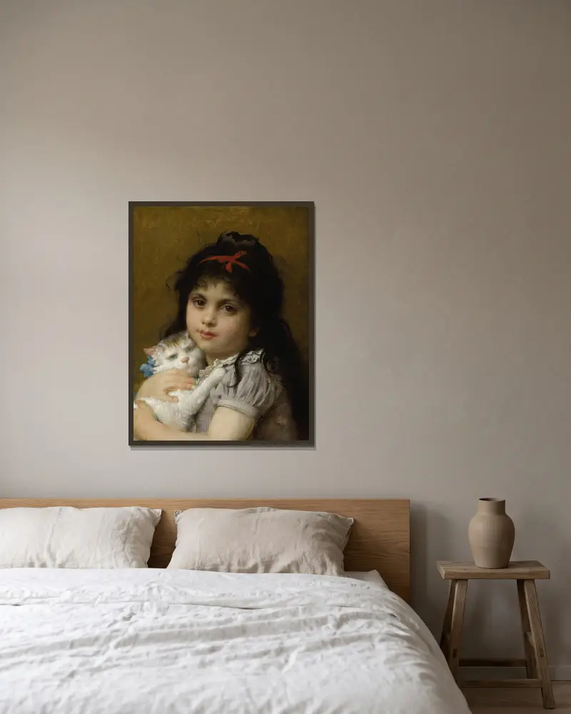 Girl With A Kitten av Léon-Jean-Basile Perrault inramad på en vägg