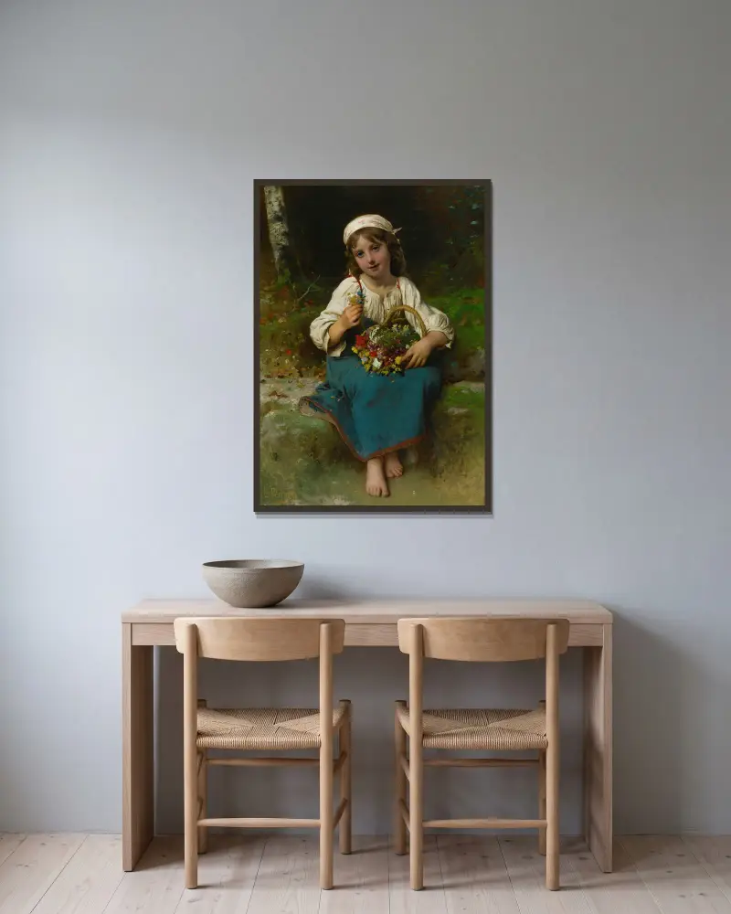Young girl with a basket of flowers av Léon-Jean-Basile Perrault inramad på en vägg