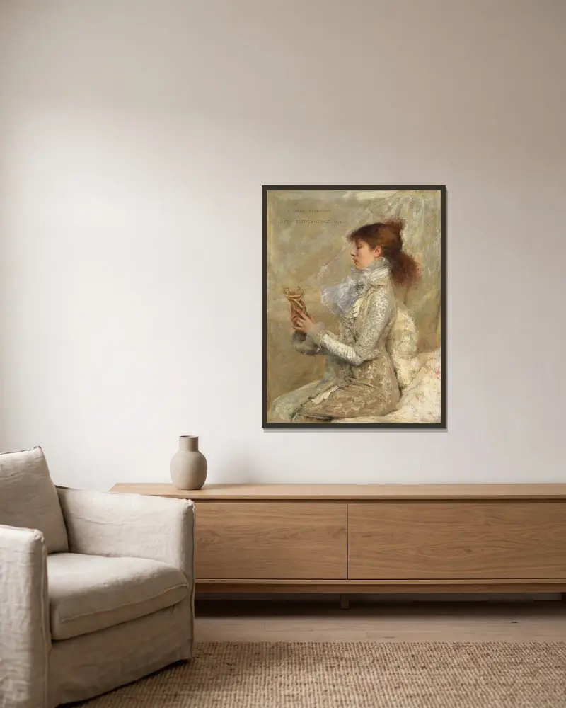 Porträt der Sarah Bernhardt, 1879 von Jules Bastien-Lepage gerahmt an einer Wand