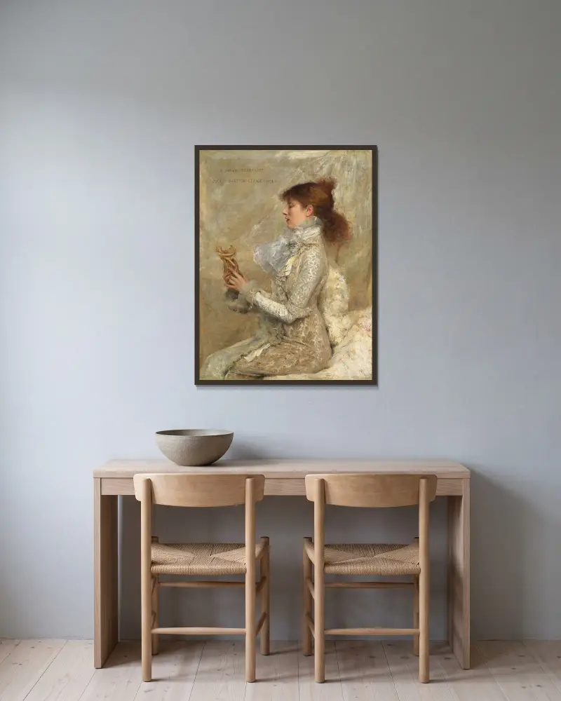Porträt der Sarah Bernhardt, 1879 von Jules Bastien-Lepage gerahmt an einer Wand