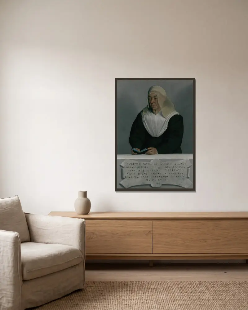 Lucrezia Agliardi Vertova (1490–1558) av Giovanni Battista Moroni inramad på en vägg