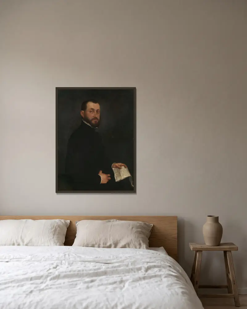Portrait of a Man, 1565 av Giovanni Battista Moroni inramad på en vägg