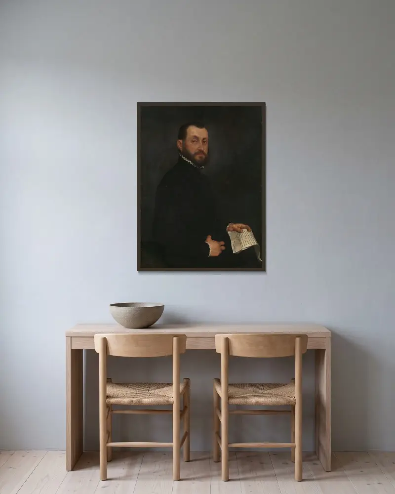 Portrait of a Man, 1565 av Giovanni Battista Moroni inramad på en vägg