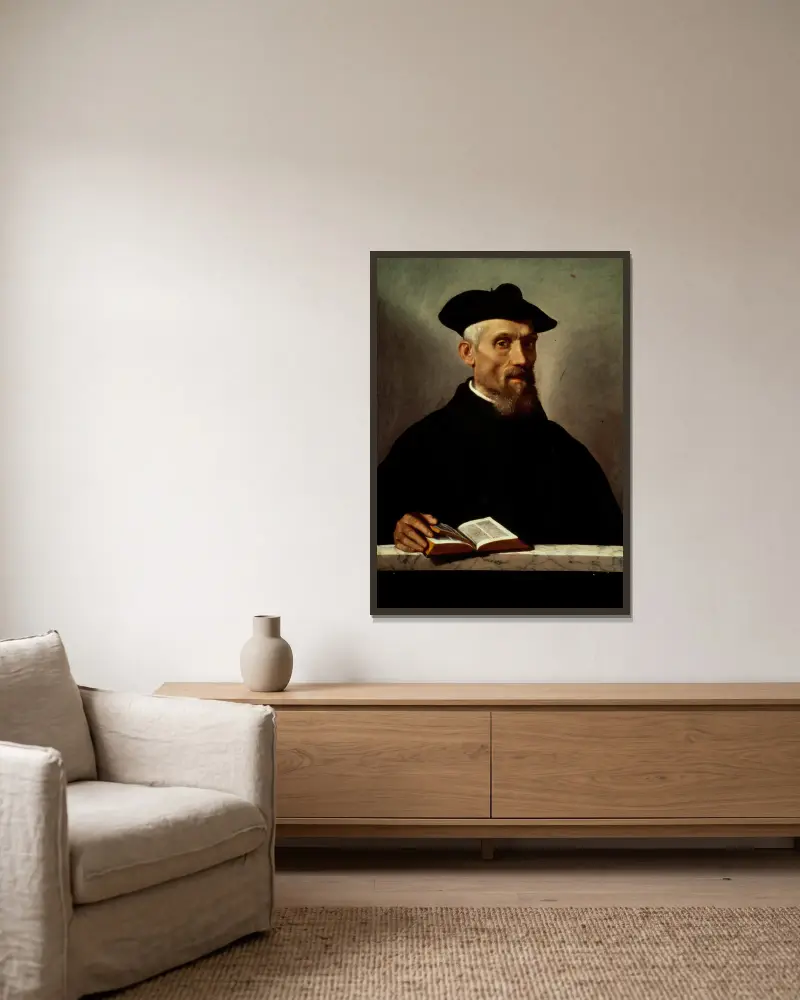 Portrait of an Ecclesiastic av Giovanni Battista Moroni inramad på en vägg