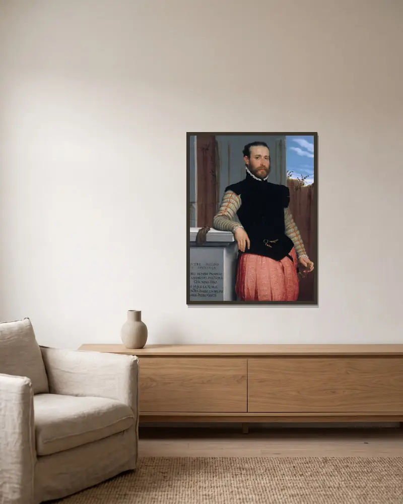 Portrait of Prospero Alessandri av Giovanni Battista Moroni inramad på en vägg