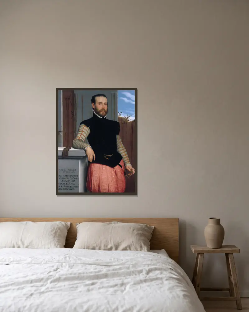 Portrait of Prospero Alessandri av Giovanni Battista Moroni inramad på en vägg