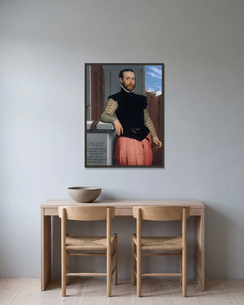 Portrait of Prospero Alessandri av Giovanni Battista Moroni inramad på en vägg