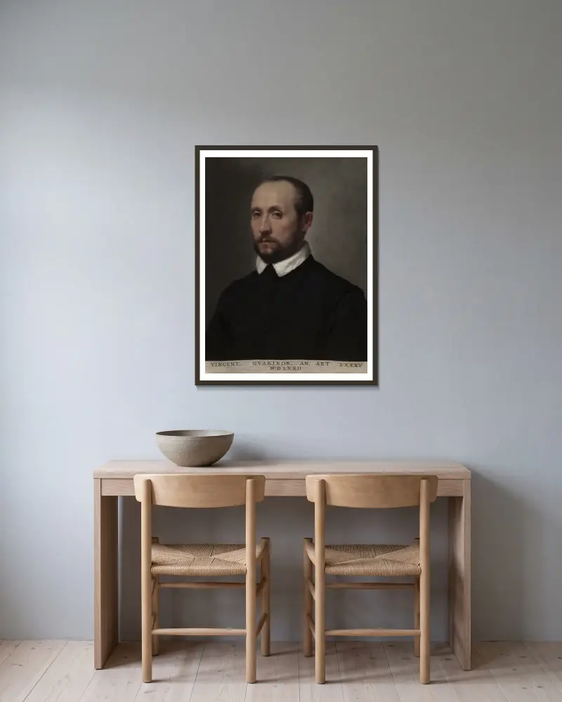 Portrait of Vincenzo Guarignoni av Giovanni Battista Moroni inramad på en vägg