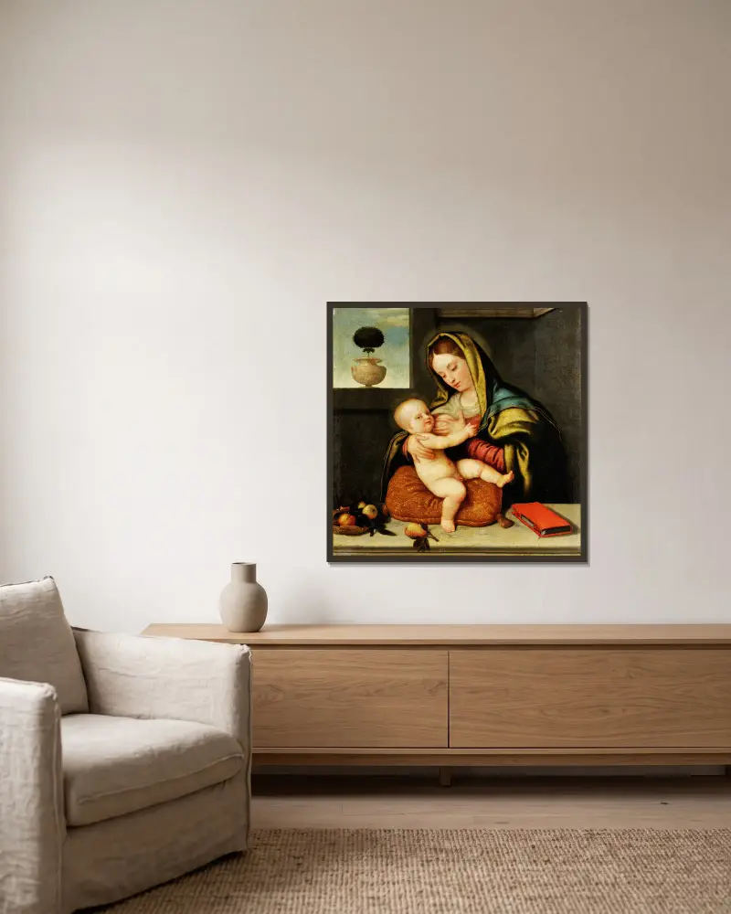 The Virgin Nursing The Child av Giovanni Battista Moroni inramad på en vägg