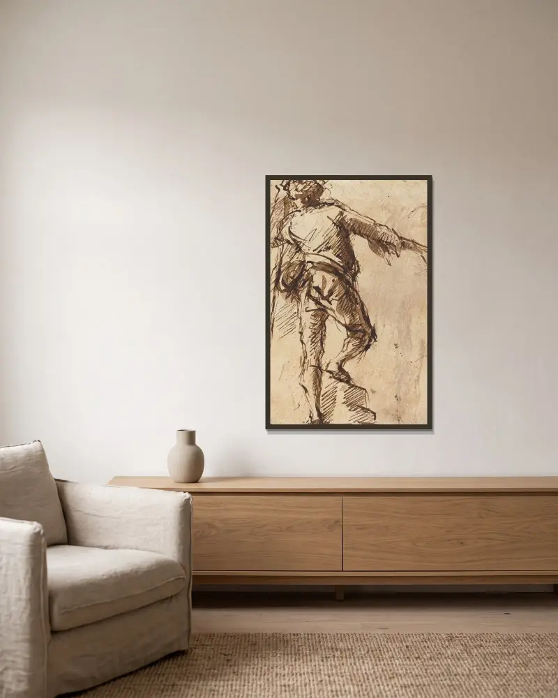 Ung man med stav av Giovanni Battista Piranesi inramad på en vägg