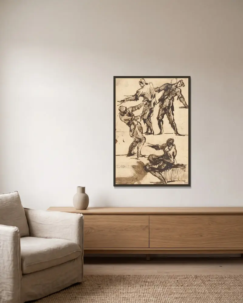 Four Studies of a Male Figure av Giovanni Battista Piranesi inramad på en vägg